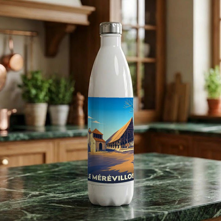 Gourde souvenir de la ville de Le Mérévillois avec une illustration stylisée.