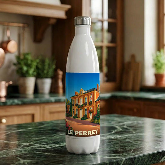 Gourde souvenir de la ville de Le Perrey ornée d'une illustration stylisée de son architecture.