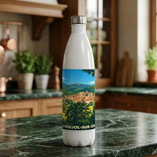 Gourde souvenir blanche de la ville du Poujol-sur-Orb avec une illustration stylisée de son paysage vallonné.