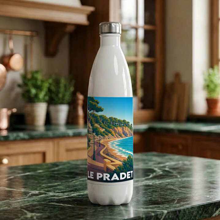 Gourde souvenir de la ville du Pradet avec une illustration stylisée de son littoral.