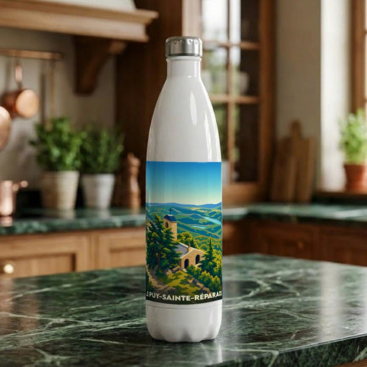Gourde blanche souvenir de la ville de Le Puy-Sainte-Réparade avec une illustration de paysage vallonné.