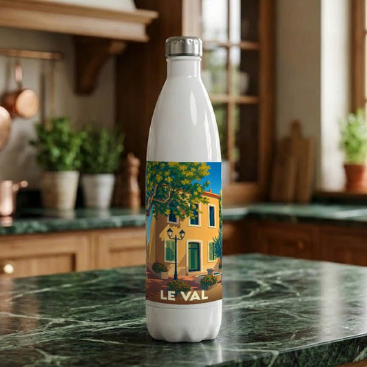 Gourde souvenir de la ville de Le Val avec une illustration stylisée d'une maison provençale.