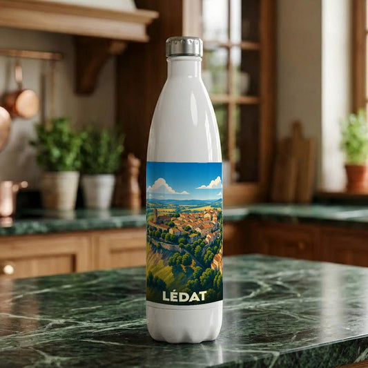 Gourde blanche souvenir de la ville de Lédat ornée d'une illustration stylisée de son paysage urbain.