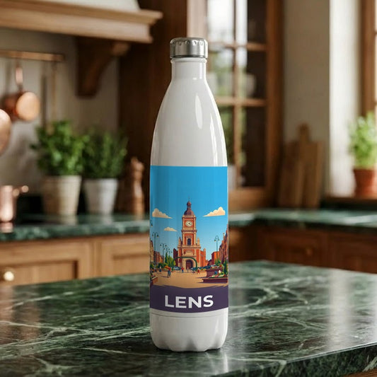 Gourde souvenir de la ville de Lens avec une illustration stylisée.