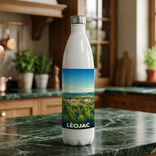 Gourde souvenir de la ville de Léojac avec une illustration stylisée d'un paysage verdoyant.