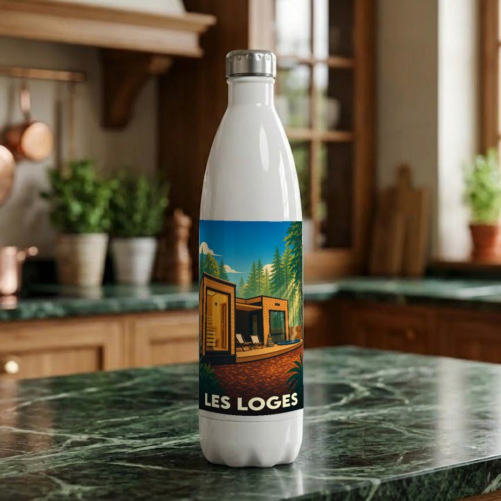 Gourde souvenir de la ville de Les Loges ornée d'une illustration stylisée de chalets modernes en forêt.