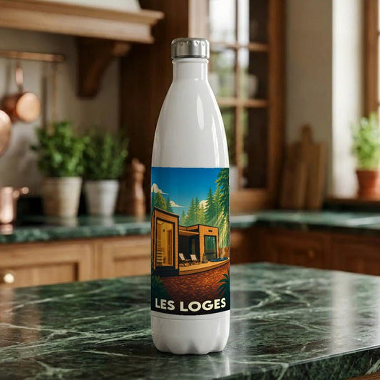 Gourde souvenir de la ville de Les Loges ornée d'une illustration stylisée de chalets modernes en forêt.