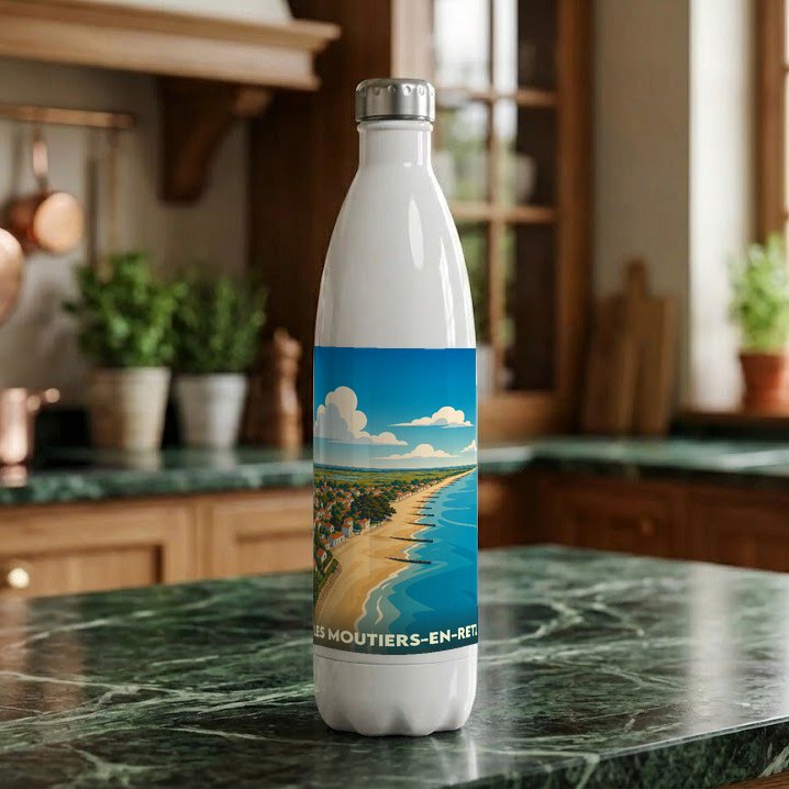 Gourde souvenir de la ville de Les Moutiers-en-Retz avec une illustration stylisée du bord de mer.