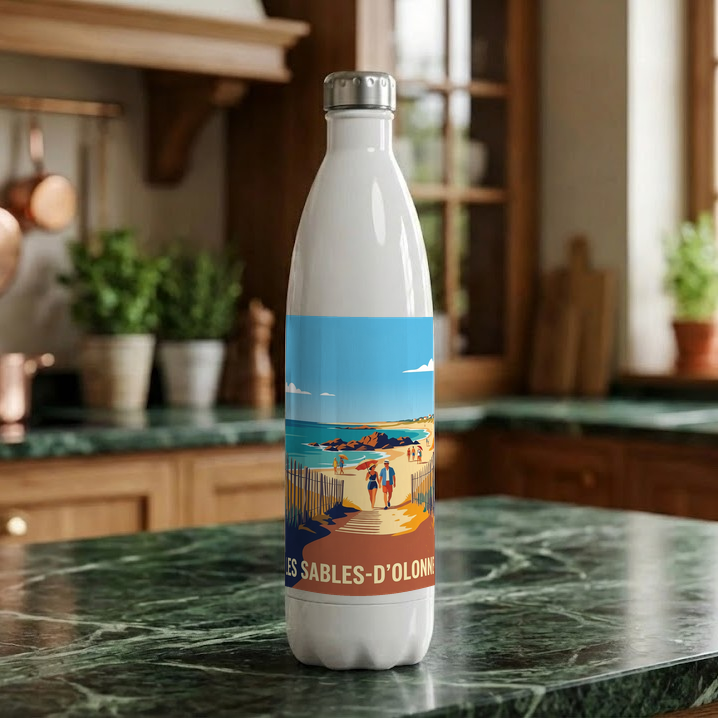 Gourde souvenir de la ville des Sables-d'Olonne avec une illustration stylisée de son bord de mer.