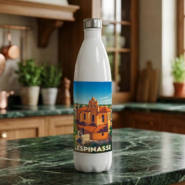 Gourde souvenir de la ville de Lespinasse ornée d'une illustration stylisée de son église.