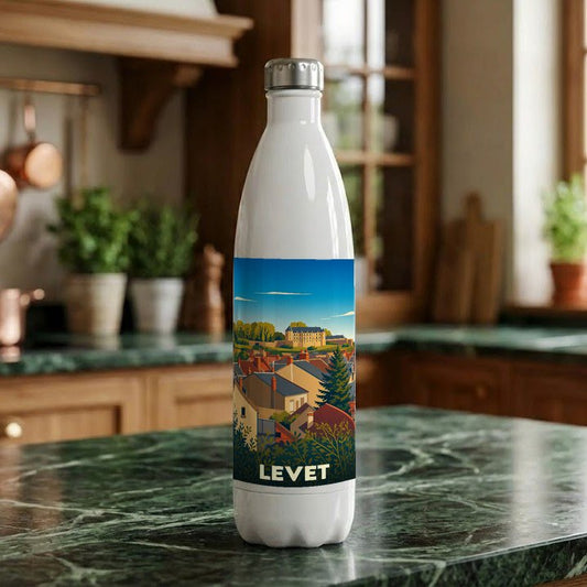 Gourde souvenir de la ville de Levet avec une illustration stylisée.