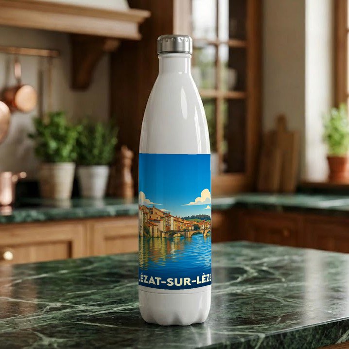 Gourde souvenir de la ville de Lézat-sur-Lèze avec une illustration stylisée d'un pont enjambant la rivière.
