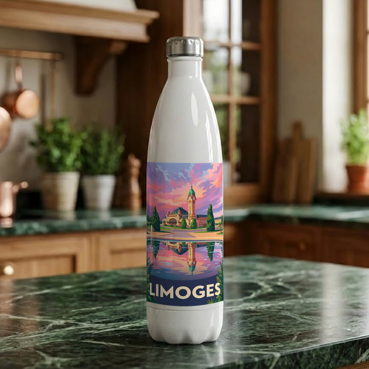 Gourde souvenir de la ville de Limoges avec une illustration stylisée.