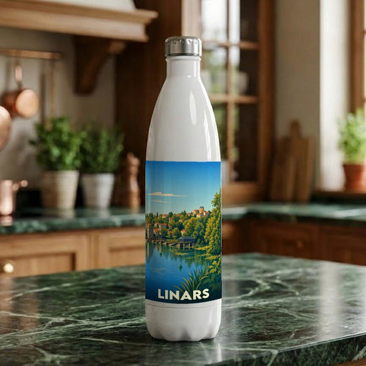 Gourde souvenir de la ville de Linars avec une illustration paysagère stylisée.
