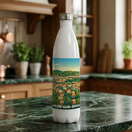 Gourde blanche souvenir de la ville de Livron-sur-Drôme avec une illustration de paysage urbain.