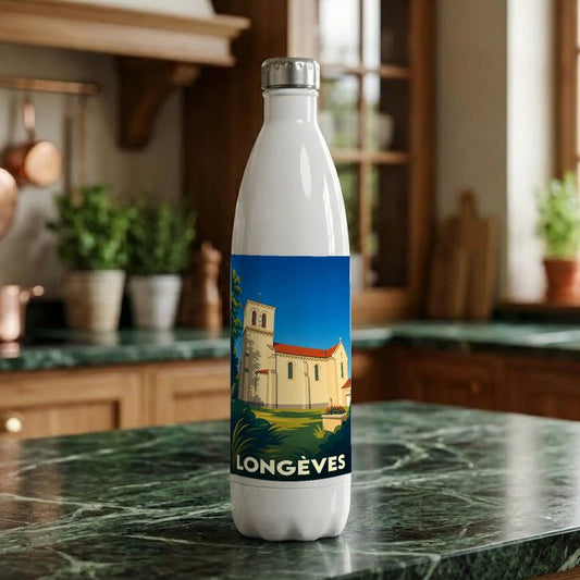Gourde souvenir de la ville de Longèves avec une illustration stylisée de son église.