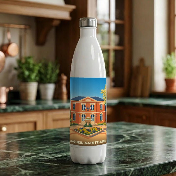 Gourde souvenir de la ville de Longueil-Sainte-Marie ornée d'une illustration stylisée de sa mairie.