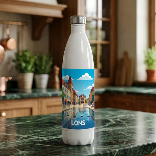 Gourde souvenir de la ville de Lons avec une illustration stylisée.