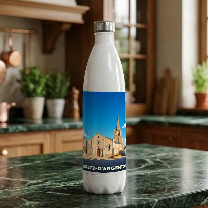 Gourde souvenir de la ville de Loretz-d'Argenton avec une illustration stylisée de son église.