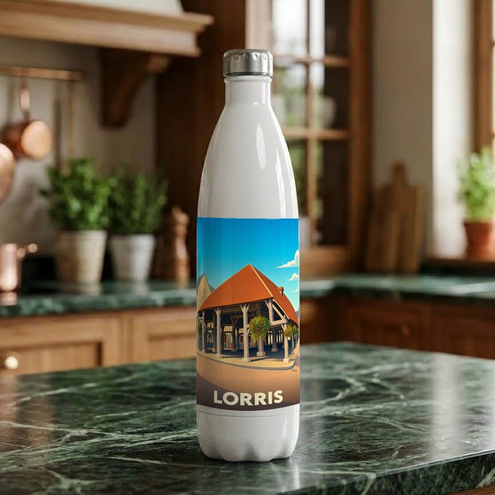 Gourde blanche souvenir de la ville de Lorris ornée d'une illustration stylisée de sa halle historique.