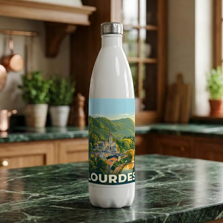 Gourde souvenir de la ville de Lourdes avec une illustration stylisée.