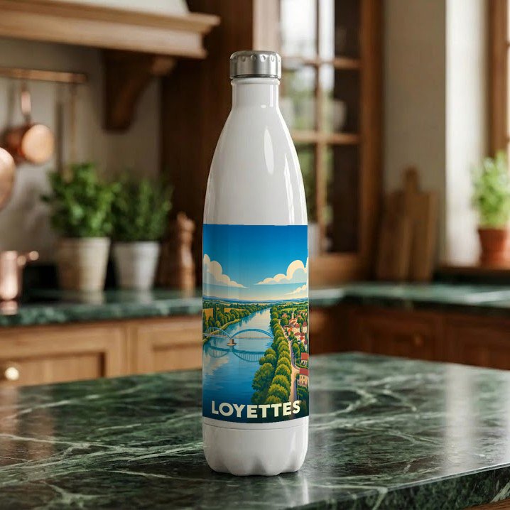 Gourde souvenir de la ville de Loyettes avec une illustration stylisée d'un paysage fluvial.