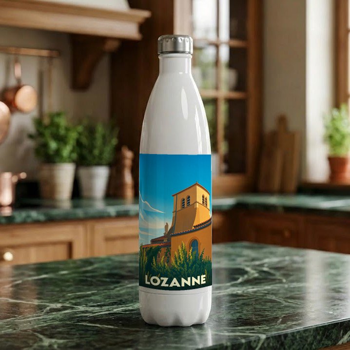 Gourde souvenir de la ville de Lozanne ornée d'une illustration stylisée de son église.