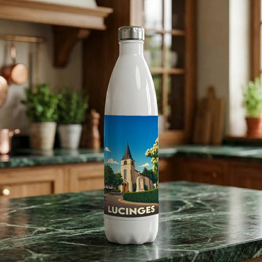 Gourde blanche souvenir de la ville de Lucinges avec une illustration stylisée de son église.