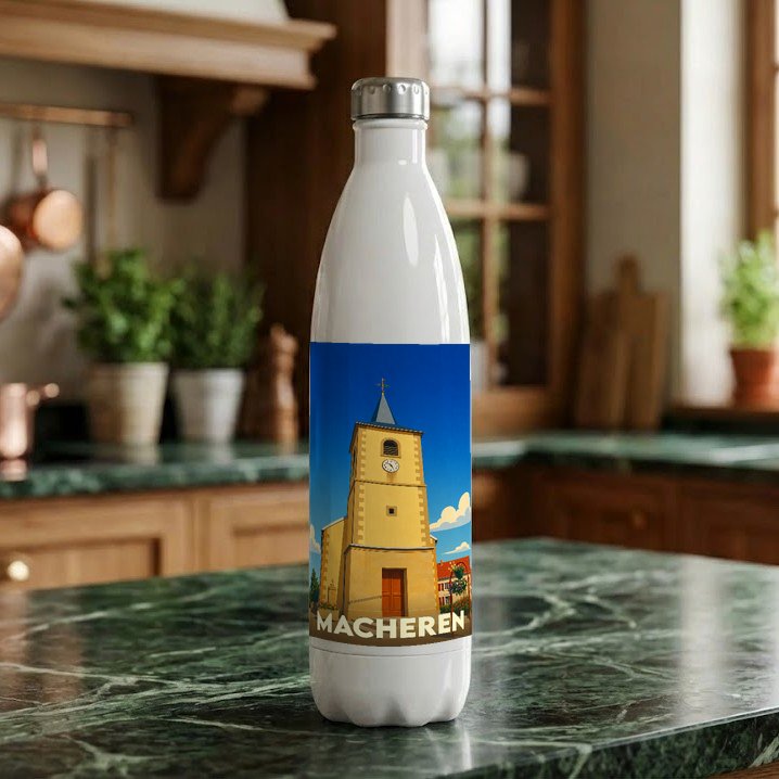 Gourde souvenir de la ville de Macheren avec une illustration stylisée de son église.