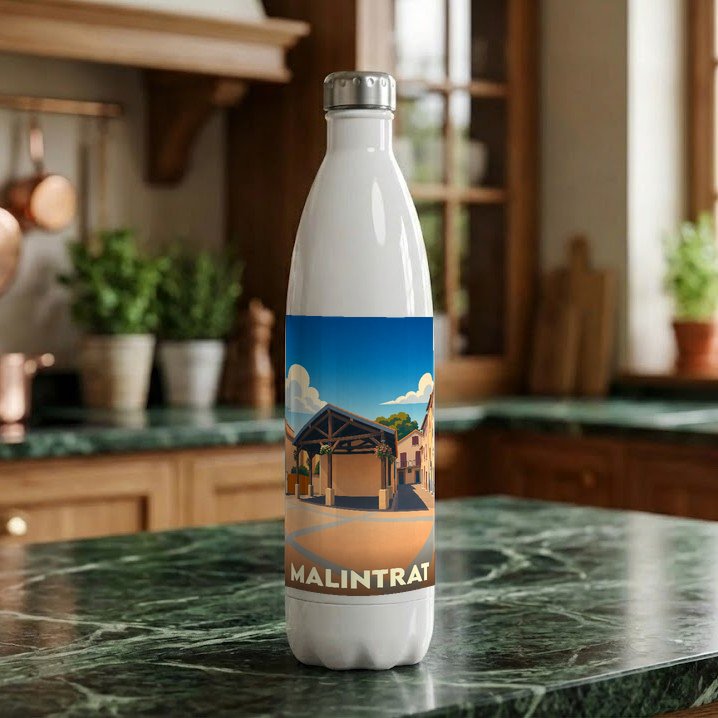 Gourde souvenir de la ville de Malintrat avec une illustration stylisée.