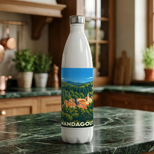 Gourde souvenir de la ville de Mandagout avec une illustration stylisée de son paysage montagneux.