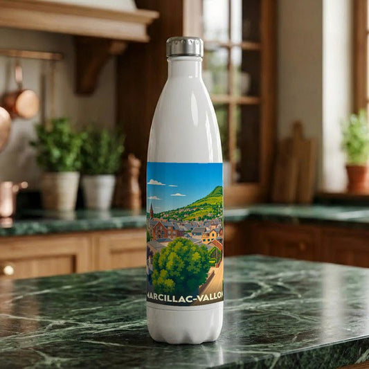 Gourde souvenir de la ville de Marcillac-Vallon avec une illustration stylisée.