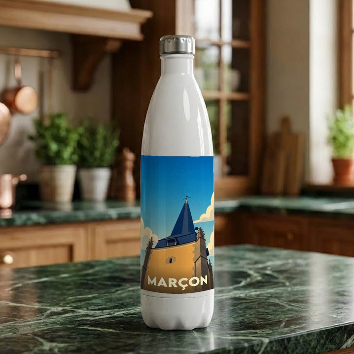 Gourde souvenir de la ville de Marçon avec une illustration stylisée de son église.