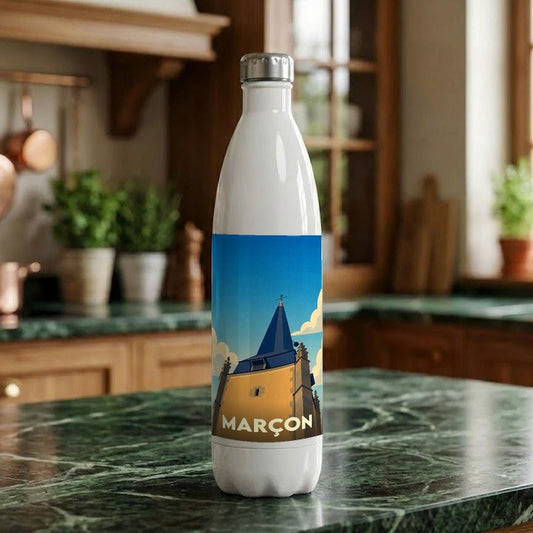 Gourde souvenir de la ville de Marçon avec une illustration stylisée de son église.
