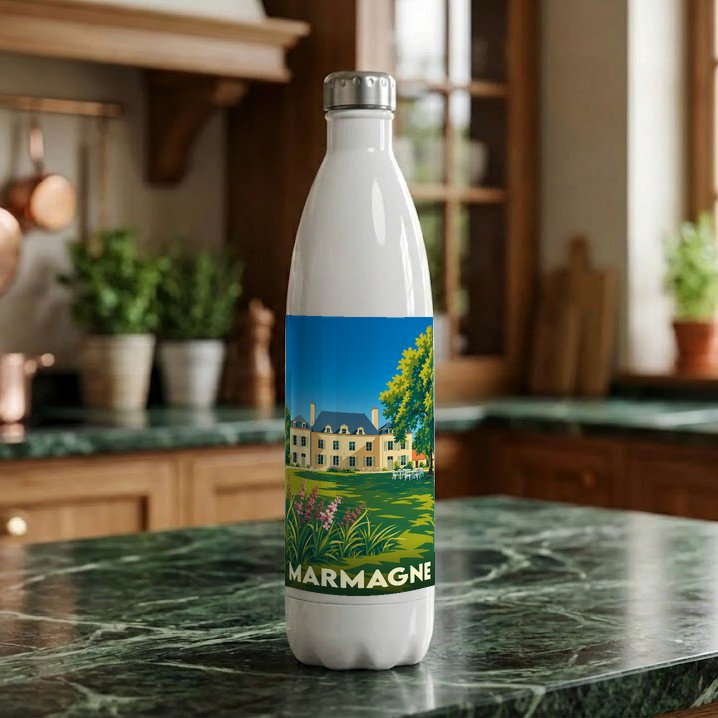 Gourde souvenir de la ville de Marmagne avec une illustration stylisée d'un manoir.