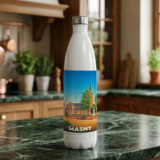 Gourde blanche souvenir de la ville de Masny avec une illustration stylisée de son église.