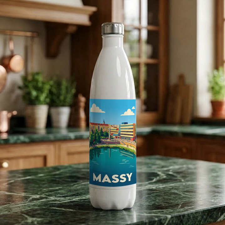 Gourde souvenir de la ville de Massy ornée d'une illustration stylisée de son paysage.