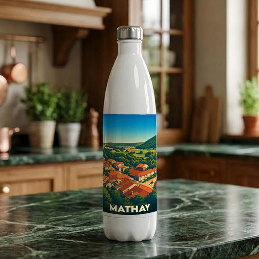 Gourde souvenir de la ville de Mathay avec une illustration paysagère stylisée.