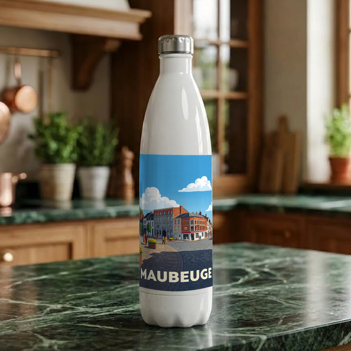 Gourde souvenir de la ville de Maubeuge avec une illustration stylisée.
