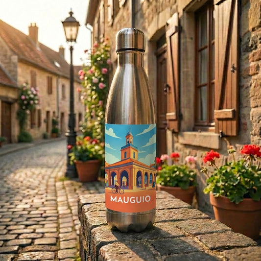 Gourde souvenir de la ville de Mauguio avec une illustration stylisée.