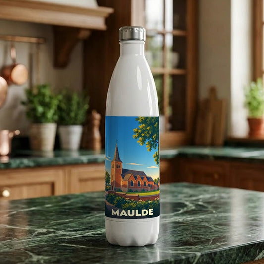 Gourde souvenir de la ville de Maulde avec une illustration stylisée de son église.