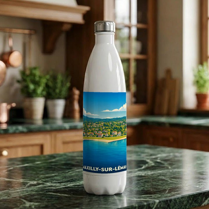 Gourde souvenir de Maxilly-sur-Léman avec une illustration stylisée d'un paysage côtier.