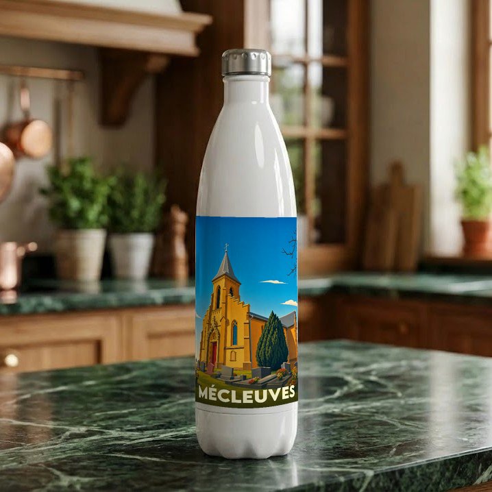 Gourde souvenir de la ville de Mécleuves avec une illustration stylisée de son église.