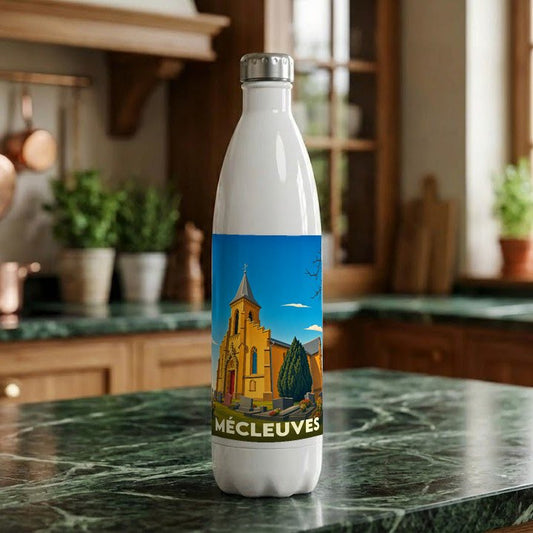 Gourde souvenir de la ville de Mécleuves avec une illustration stylisée de son église.