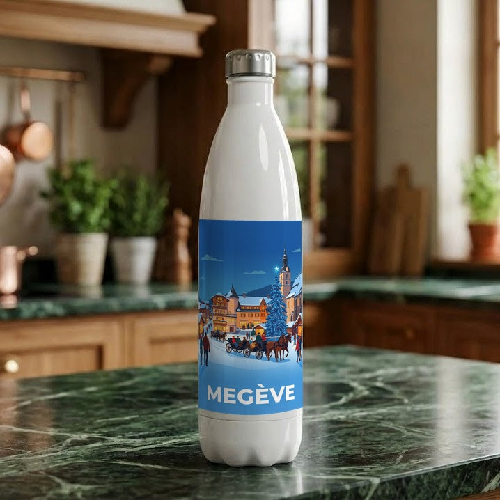 Gourde souvenir de la ville de Megève avec une illustration stylisée.