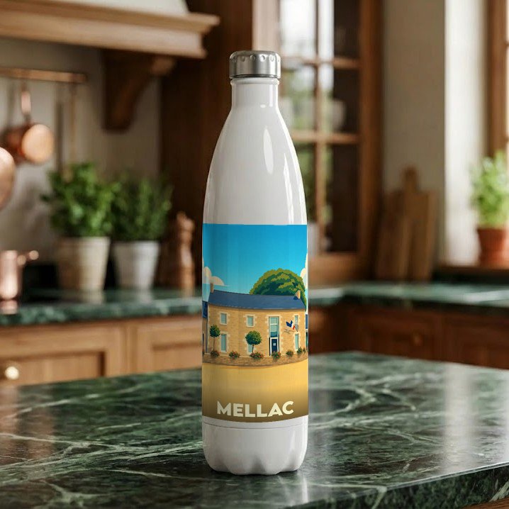 Gourde souvenir de la ville de Mellac avec une illustration stylisée.