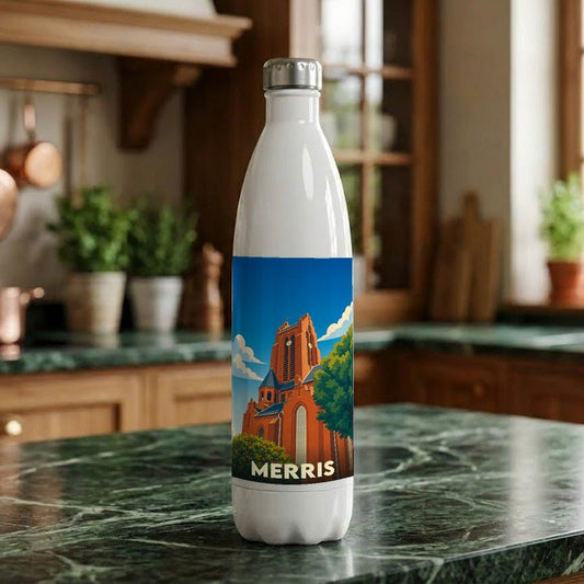 Gourde souvenir de la ville de Merris ornée d'une illustration stylisée de son église.