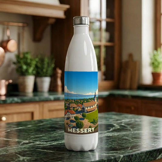 Gourde souvenir de la ville de Messery avec une illustration colorée et stylisée de son paysage.