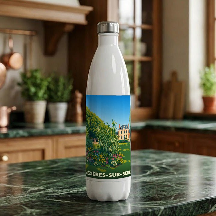 Gourde souvenir de la ville de Mézières-sur-Seine avec une illustration stylisée d'un jardin et d'une bâtisse.