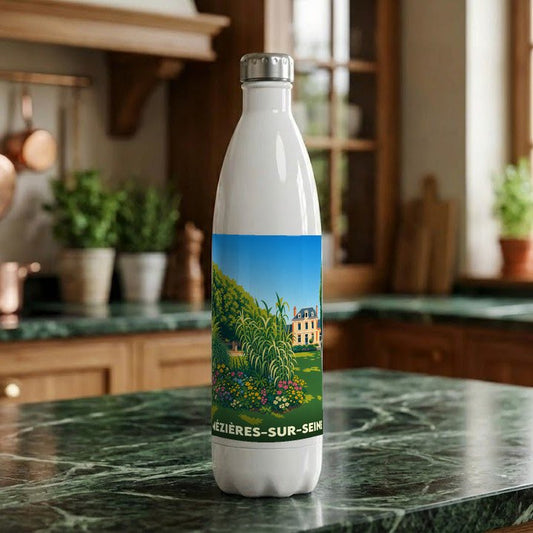 Gourde souvenir de la ville de Mézières-sur-Seine avec une illustration stylisée d'un jardin et d'une bâtisse.